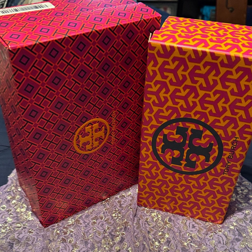 2 Tory Burch Vibrant Pink and Orange Patterned Boxes - Picture 3 of 3